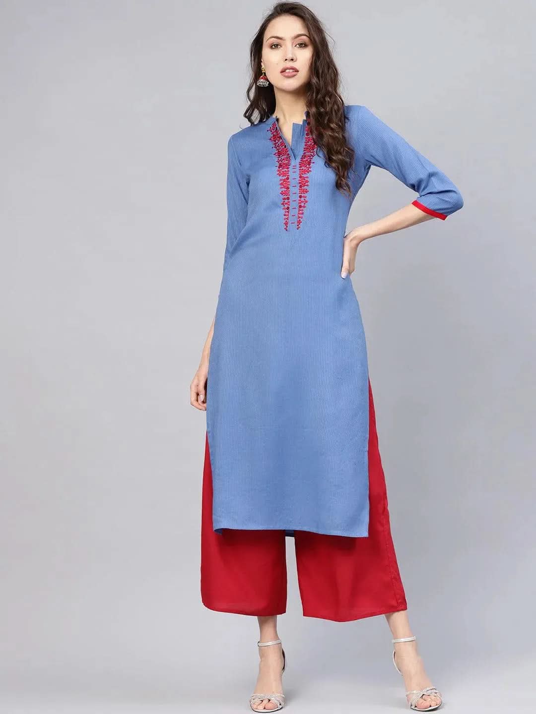 Blue Printed Rayon Kurta - Libas