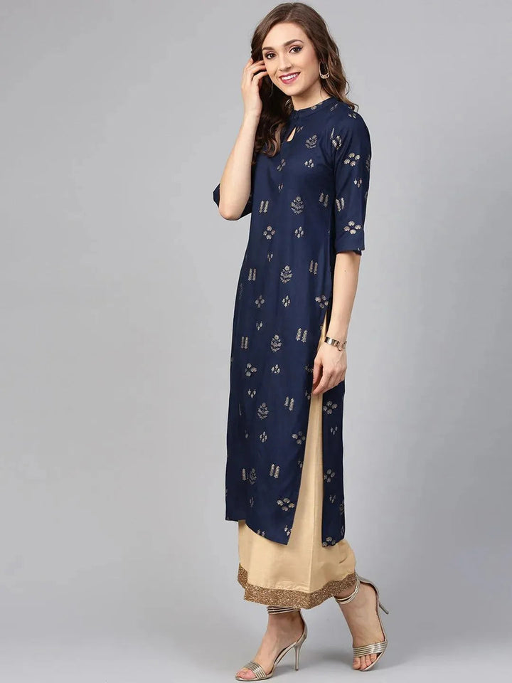 Blue Printed Rayon Kurta - Libas