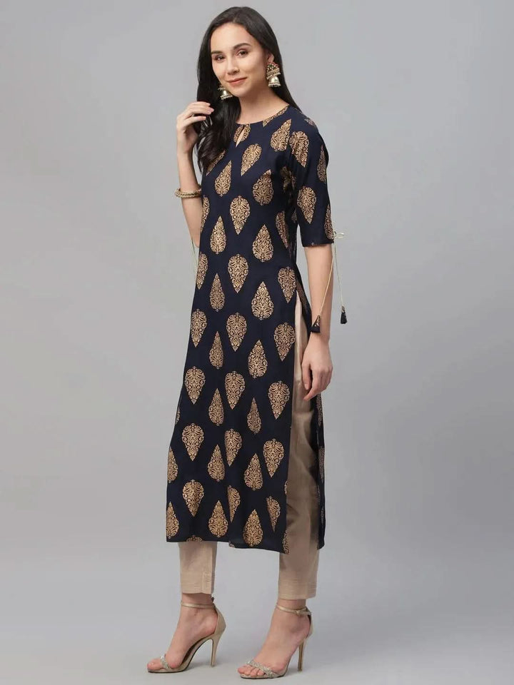 Blue Printed Rayon Kurta - Libas