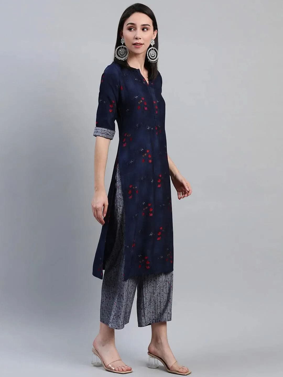 Blue Printed Rayon Kurta - Libas
