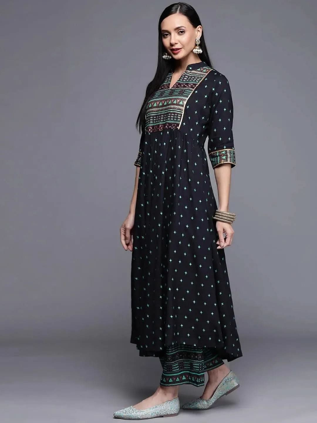 Blue Printed Rayon Kurta - Libas