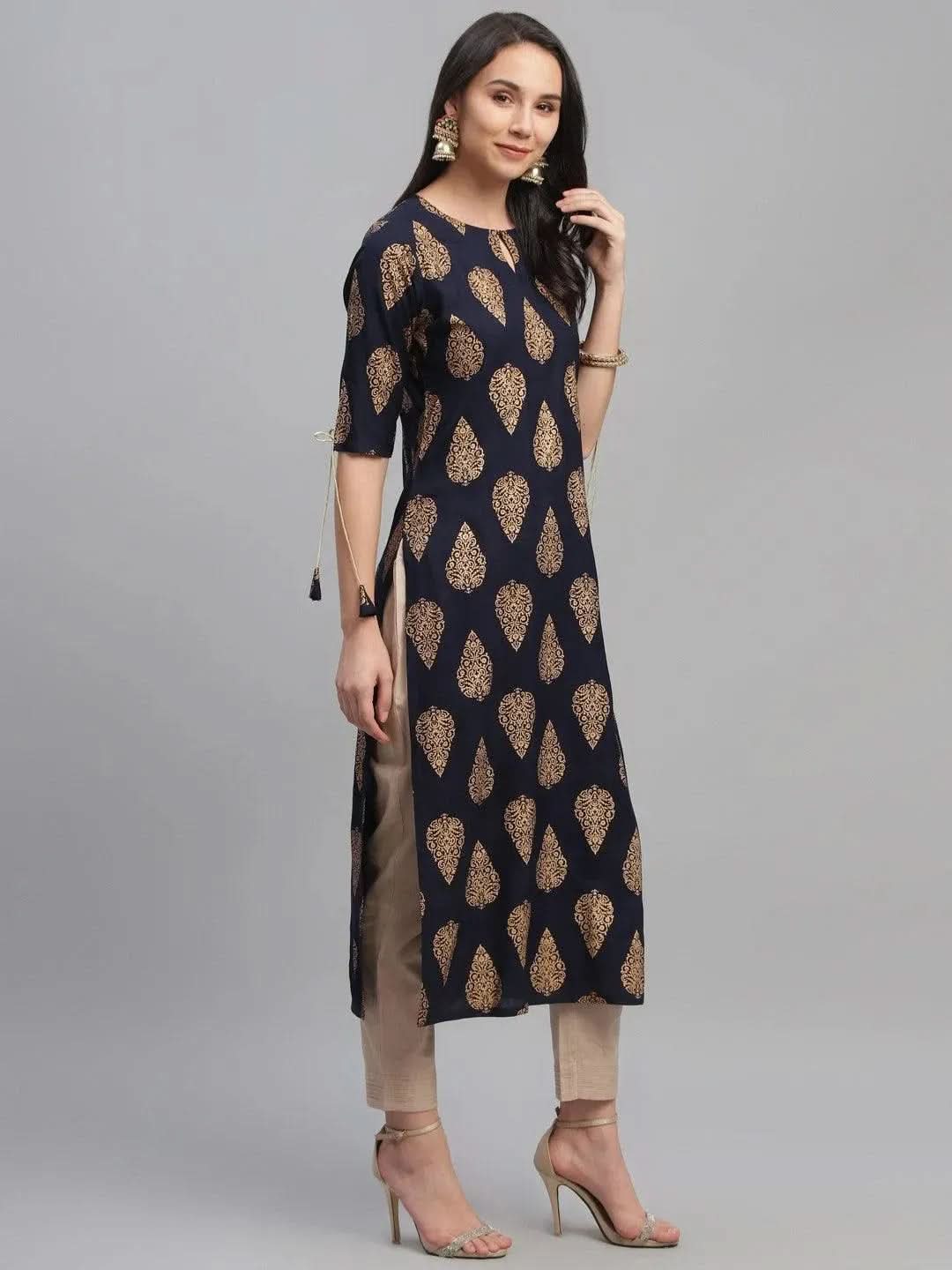 Blue Printed Rayon Kurta - Libas