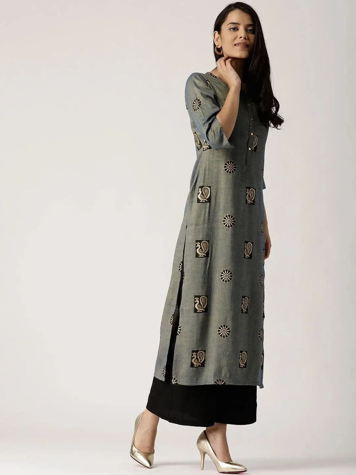 Blue Printed Rayon Kurta - Libas