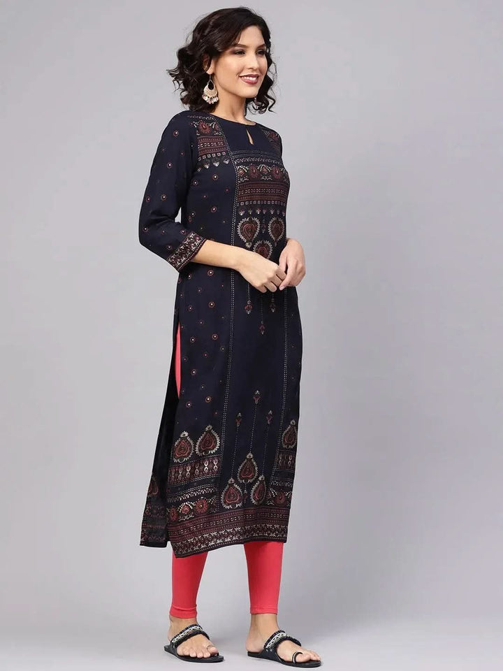 Blue Printed Rayon Kurta - Libas