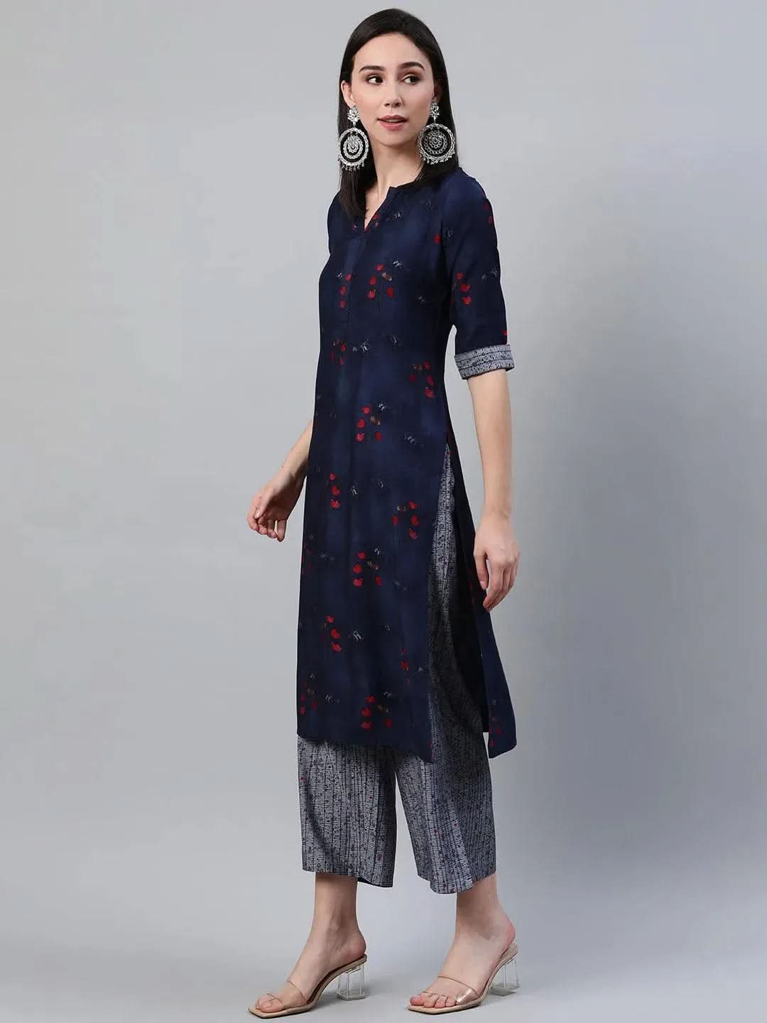 Blue Printed Rayon Kurta - Libas