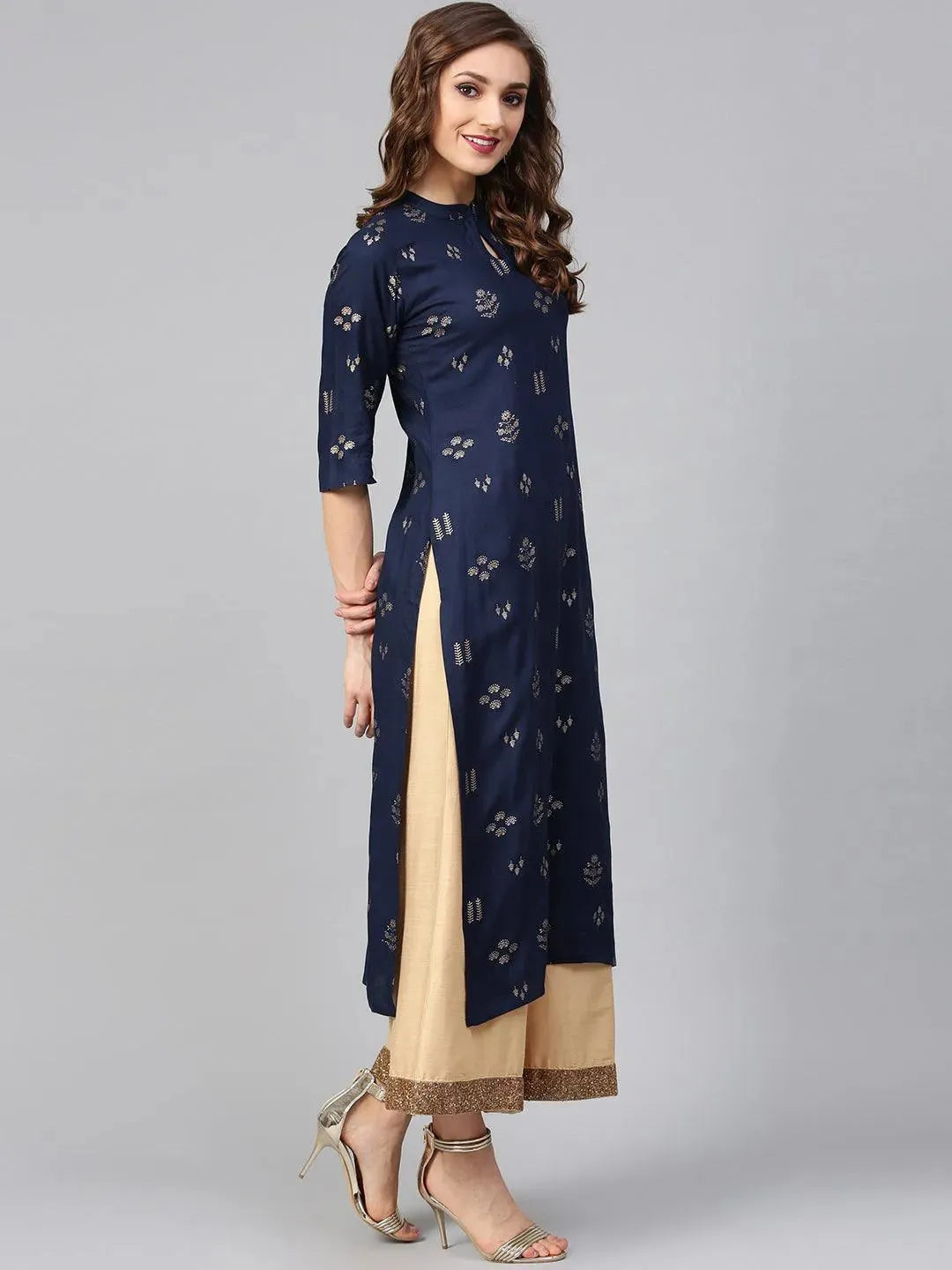 Blue Printed Rayon Kurta - Libas