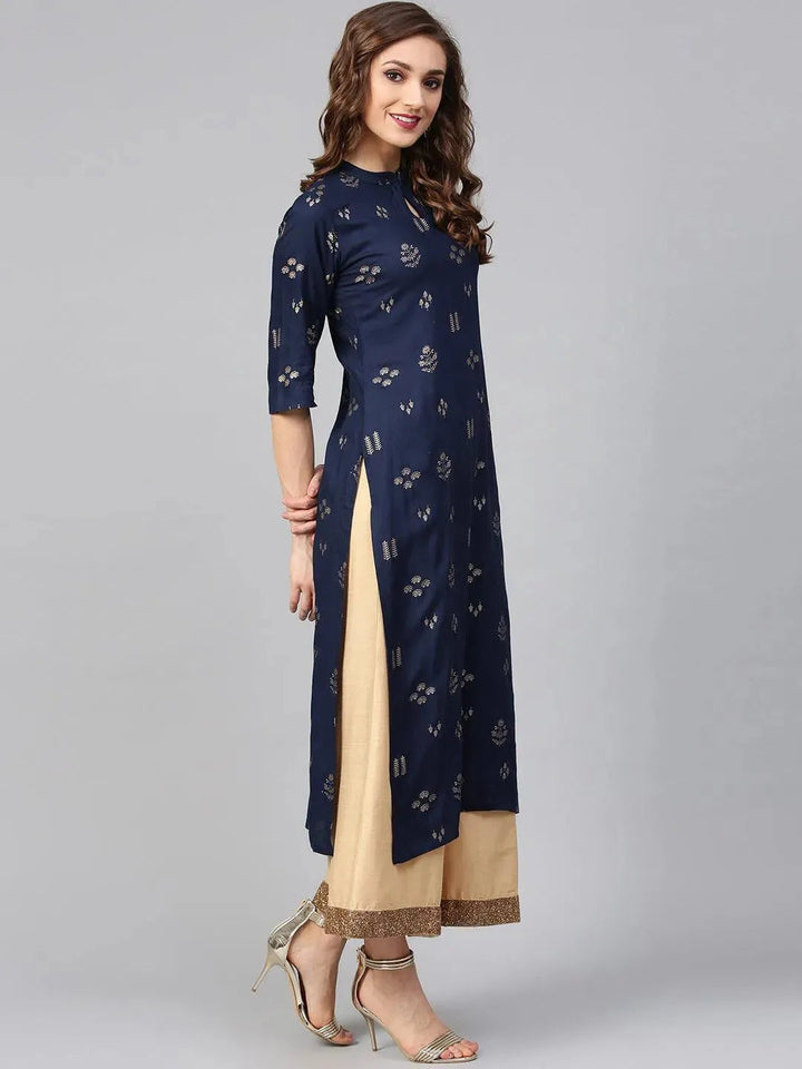 Blue Printed Rayon Kurta - Libas