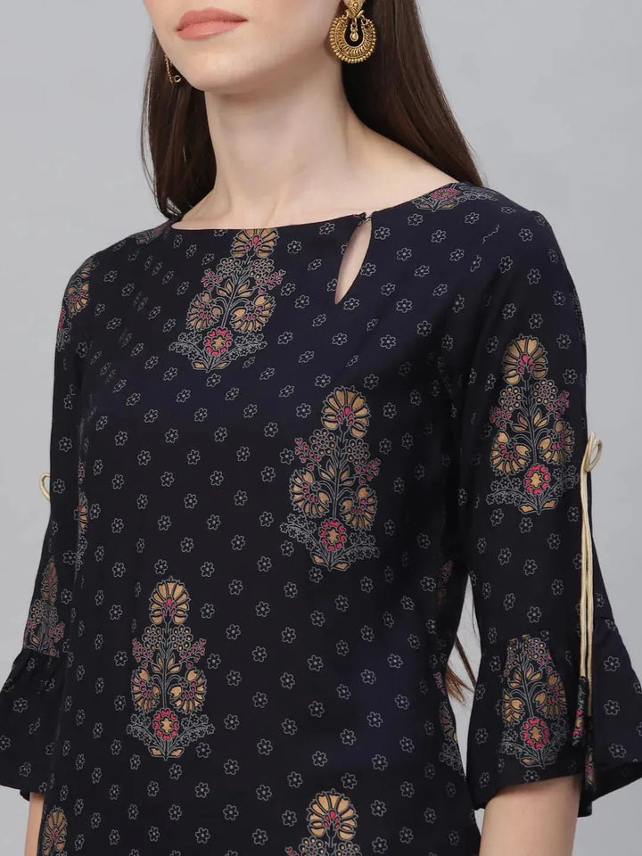 Blue Printed Rayon Kurta - Libas