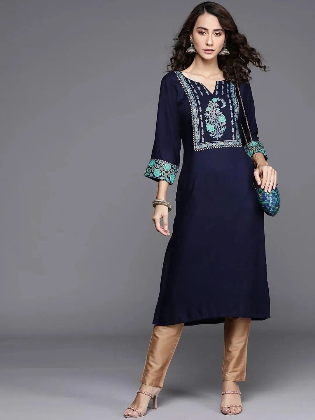 Blue Printed Rayon Kurta - Libas