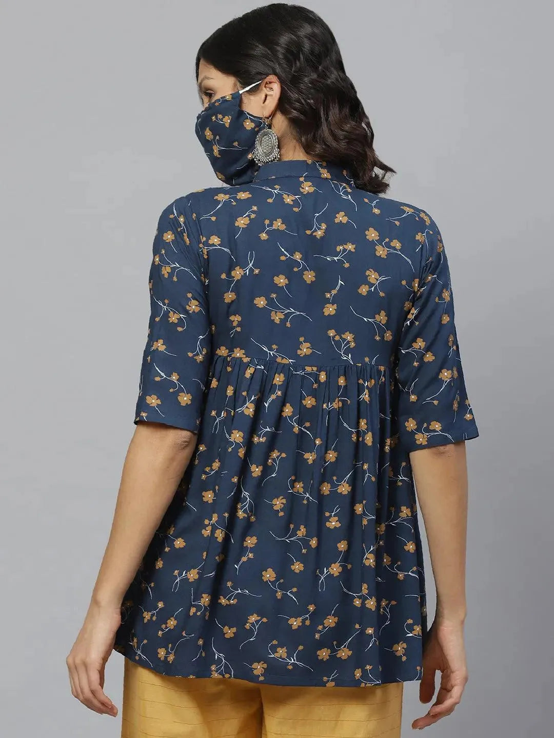Blue Printed Rayon Kurti With Mask - Libas