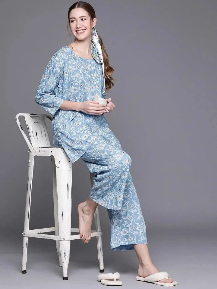 Blue Printed Rayon Night Suit - Libas