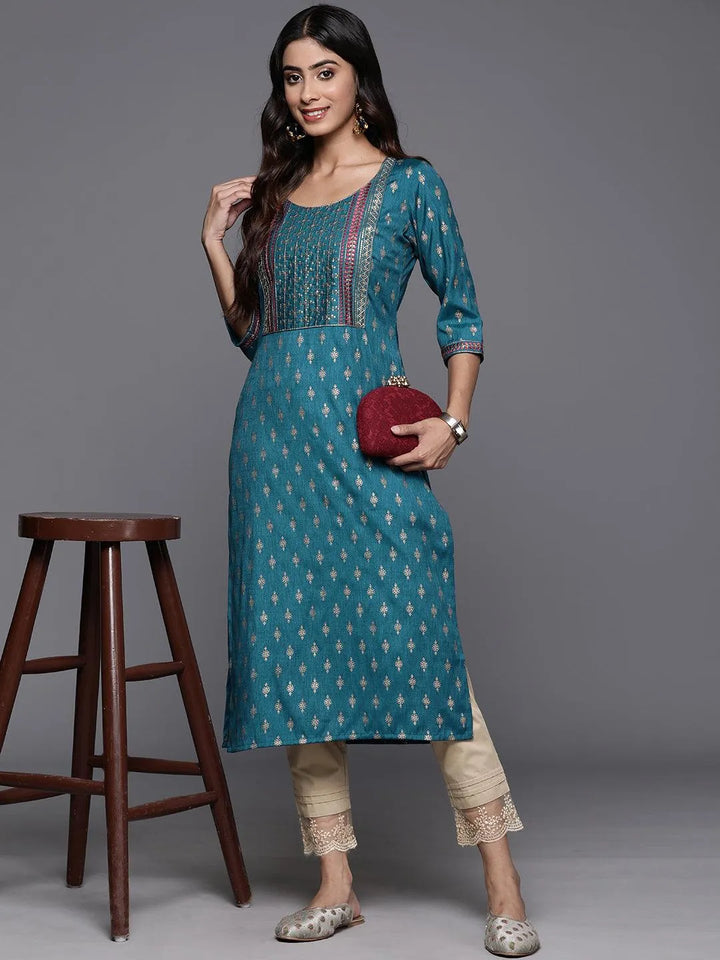 Blue Printed Rayon Straight Kurta - Libas