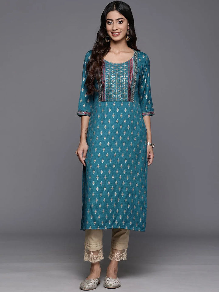 Blue Printed Rayon Straight Kurta - Libas