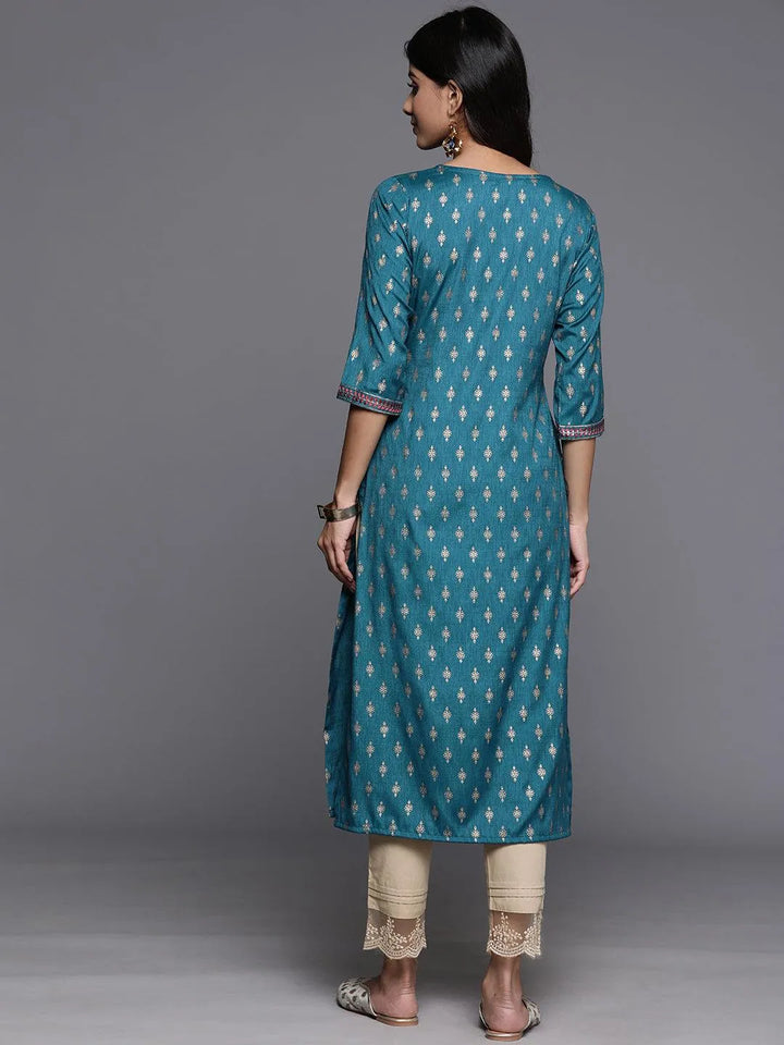 Blue Printed Rayon Straight Kurta - Libas
