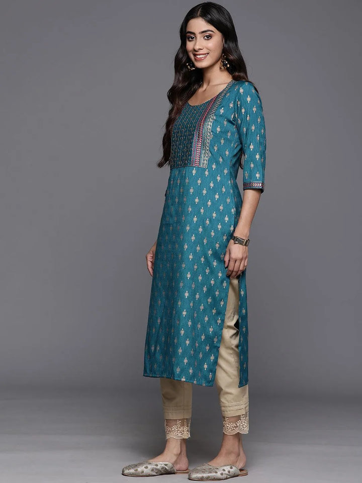 Blue Printed Rayon Straight Kurta - Libas