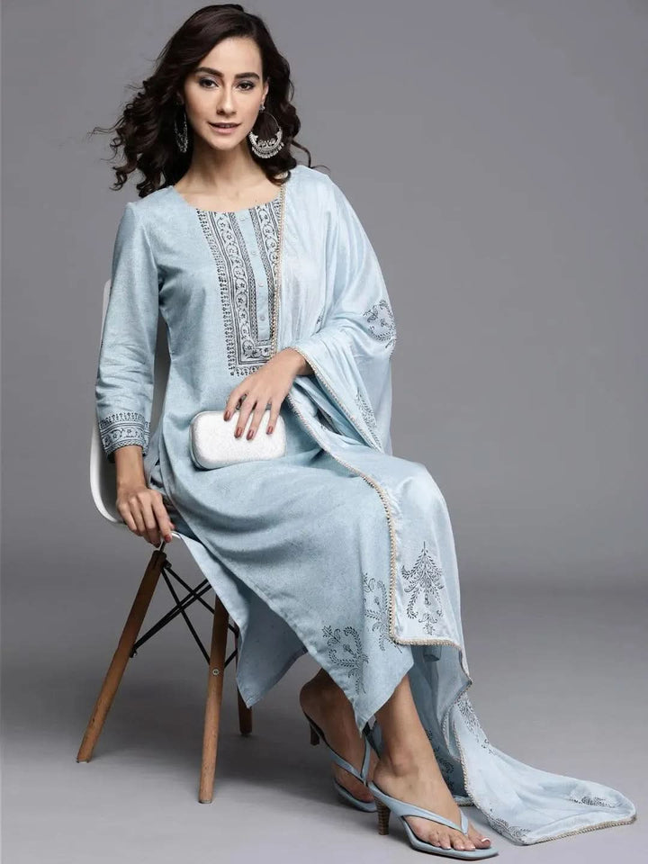 Blue Printed Viscose Rayon Suit Set - Libas