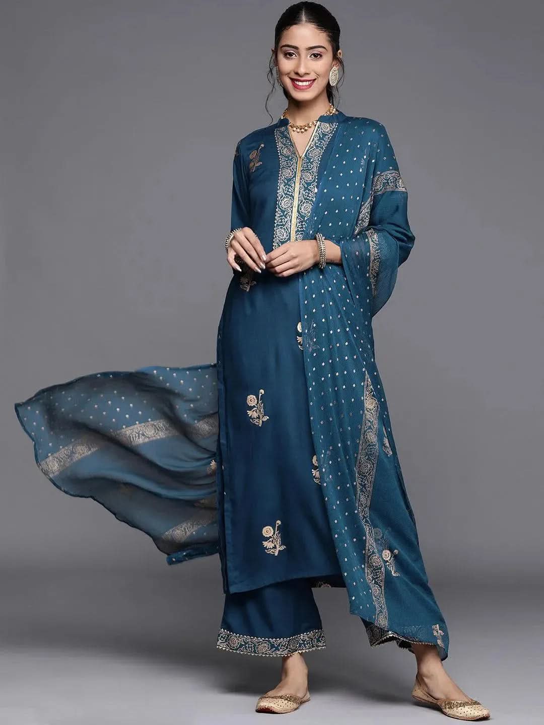 Blue Printed Viscose Rayon Suit Set - Libas