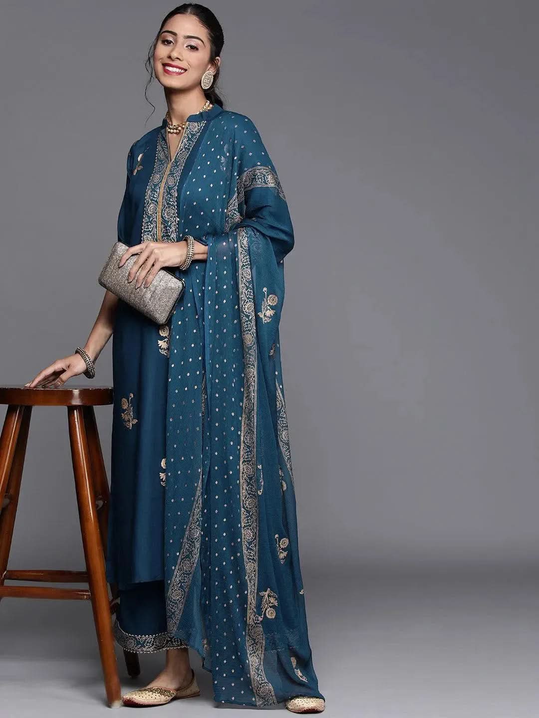 Blue Printed Viscose Rayon Suit Set - Libas