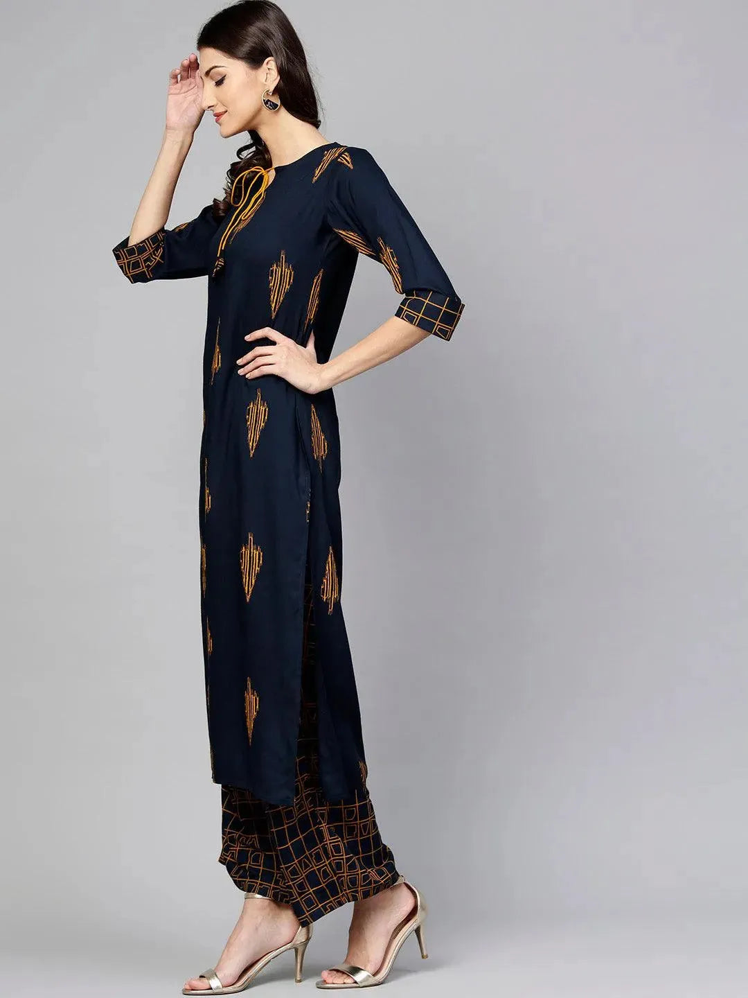 Blue Printed Rayon Straight Kurta With Palazzos
Blue Printed Rayon Straight Kurta With Palazzos