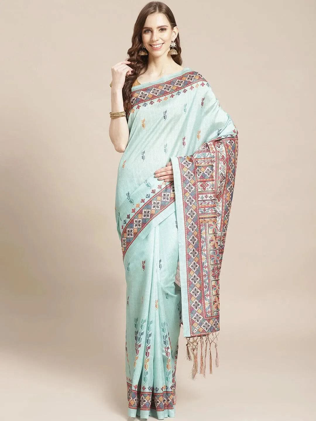 Blue Printed Satin Saree - Libas
