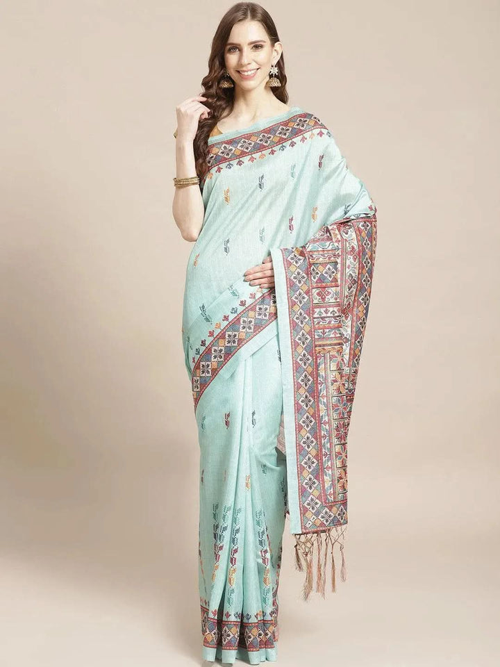 Blue Printed Satin Saree - Libas