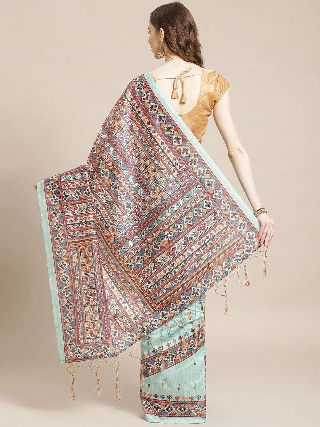 Blue Printed Satin Saree - Libas