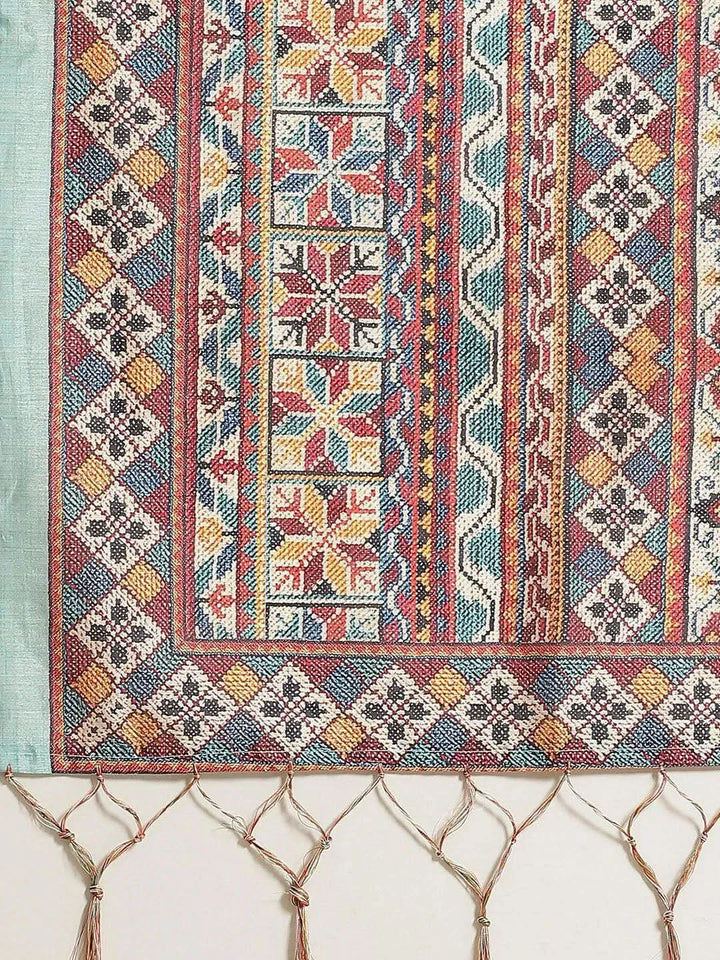 Blue Printed Satin Saree - Libas