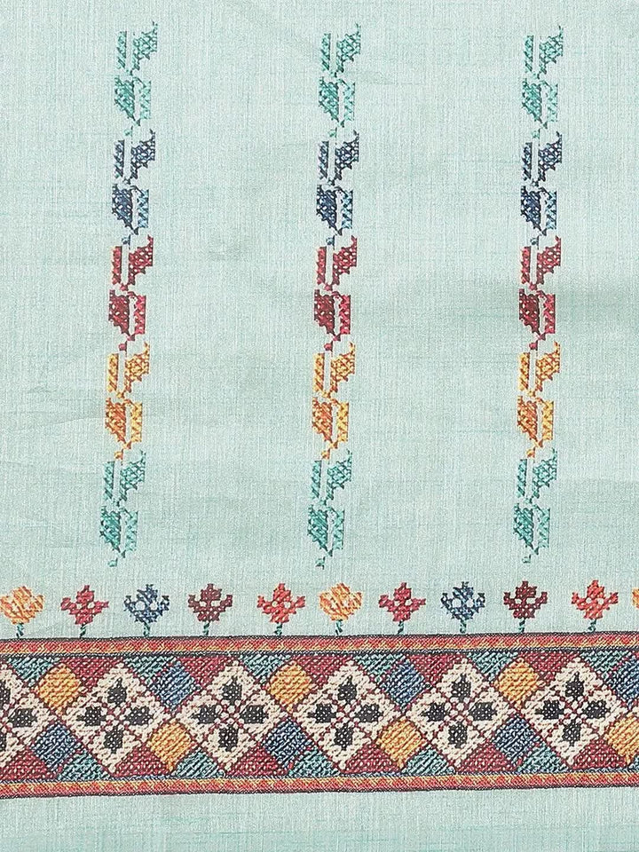 Blue Printed Satin Saree - Libas