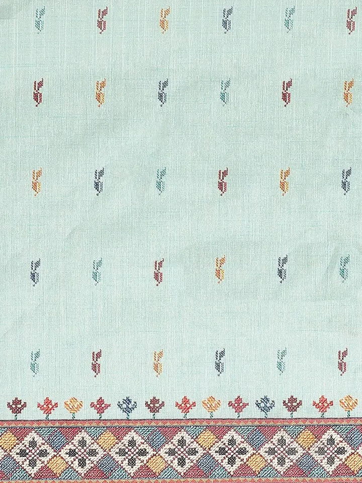 Blue Printed Satin Saree - Libas