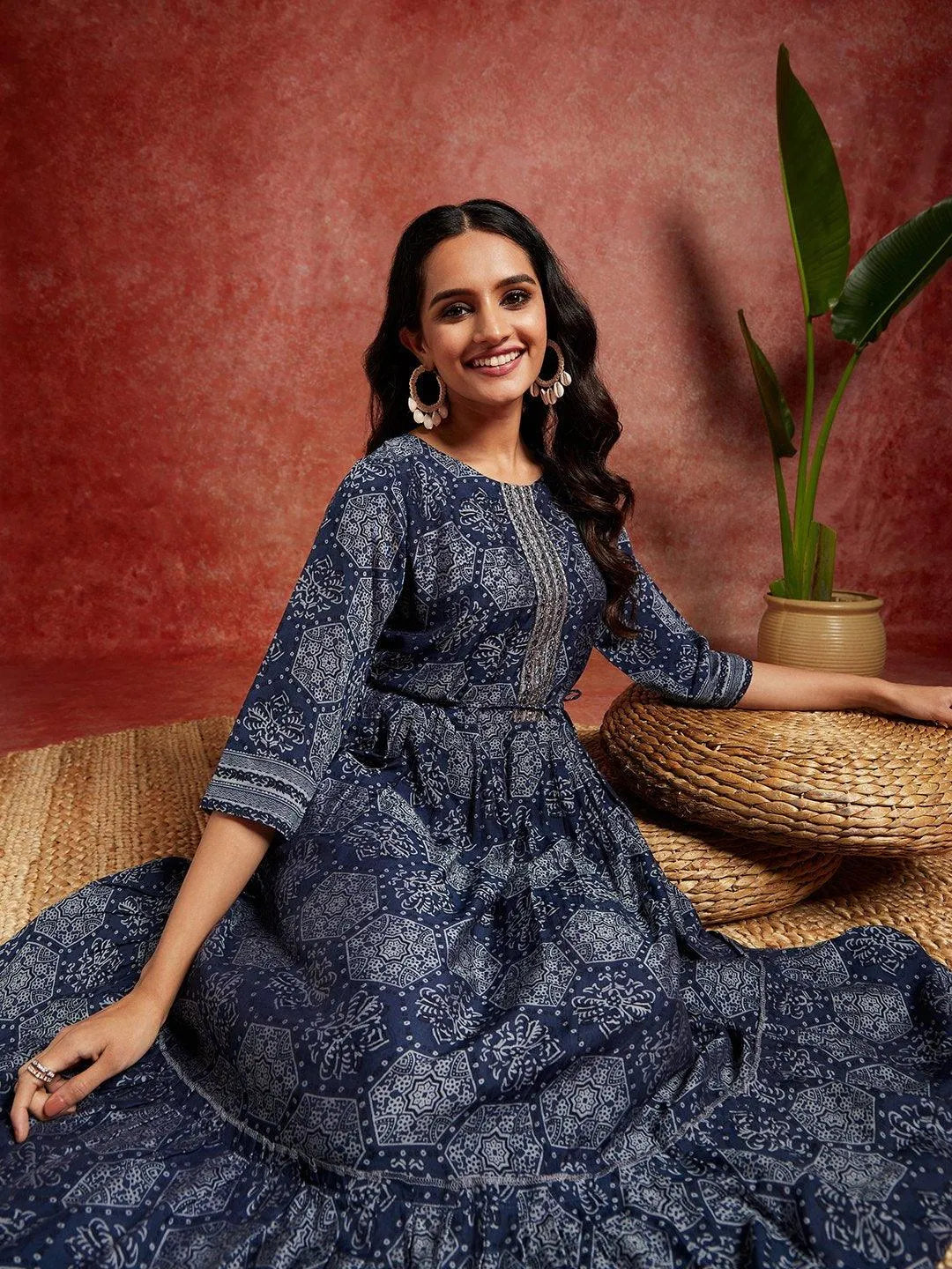 Buy Blue Printed Silk Blend Fit and Flared Dress Online at Rs.699