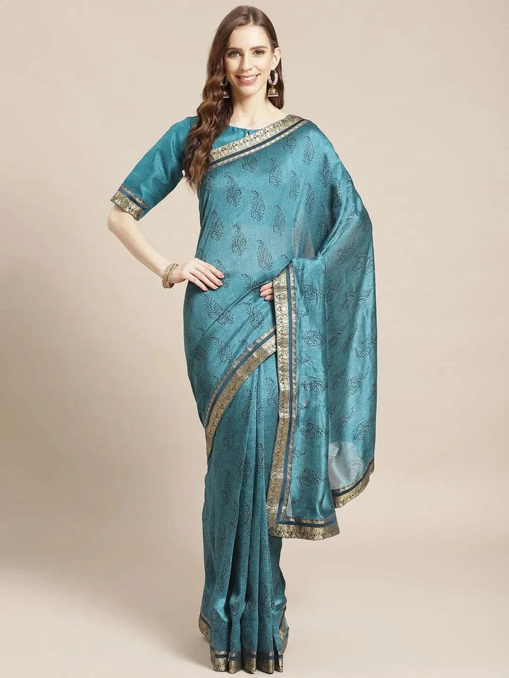 Blue Printed Silk Blend Saree - Libas