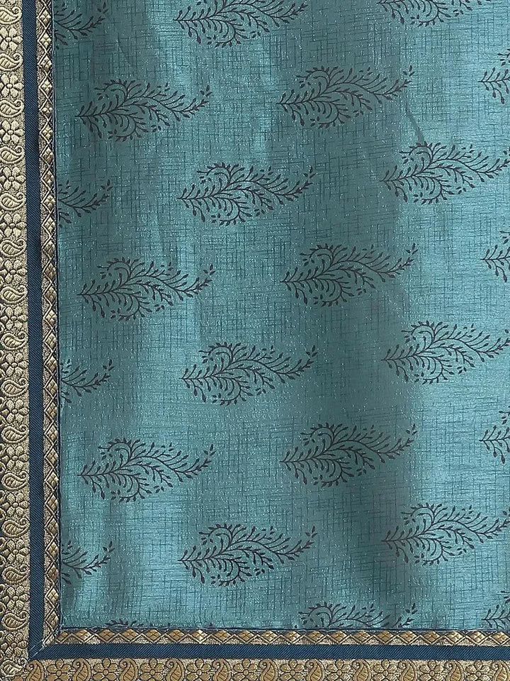 Blue Printed Silk Blend Saree - Libas