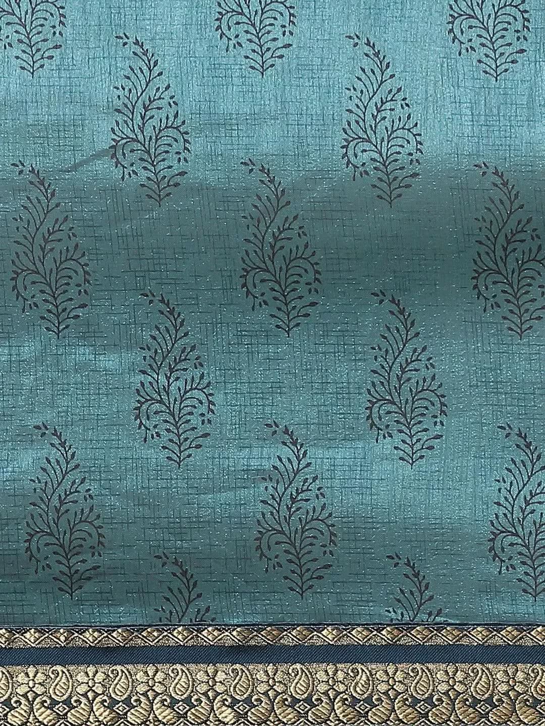 Blue Printed Silk Blend Saree - Libas