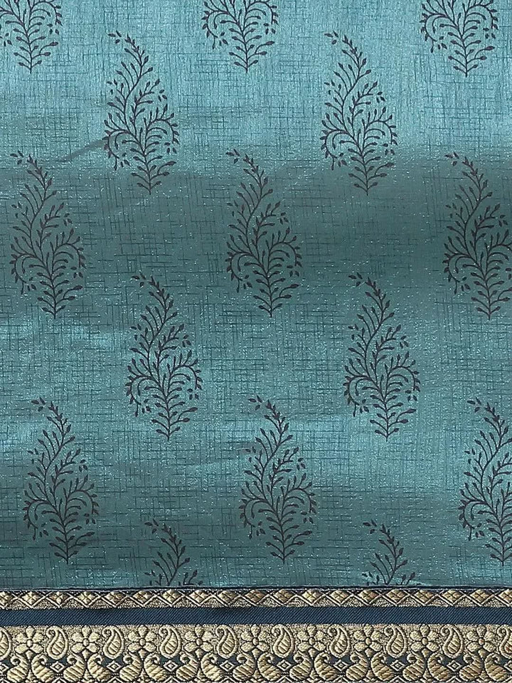 Blue Printed Silk Blend Saree - Libas