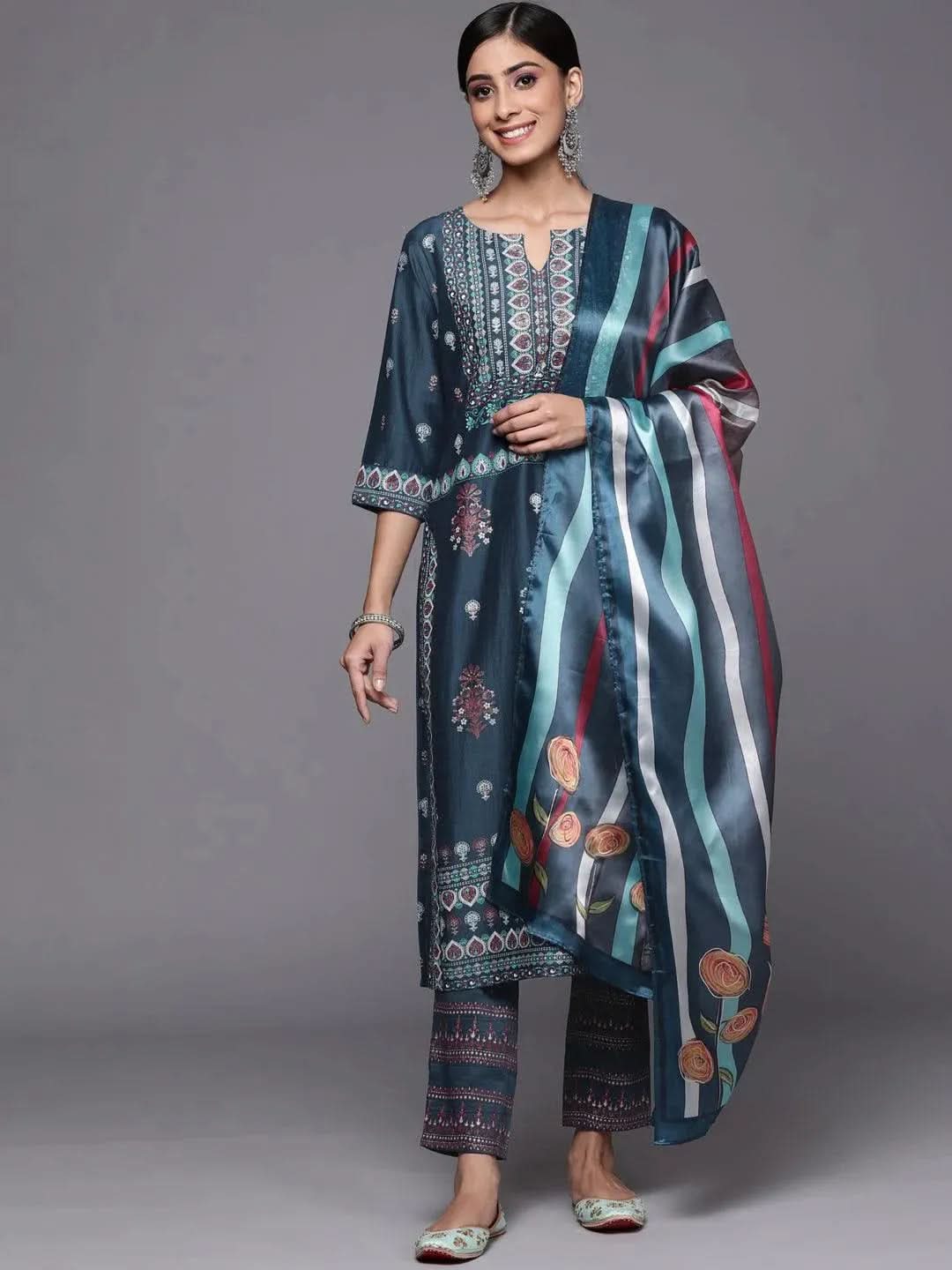 Blue Printed Silk Blend Straight Suit Set - Libas