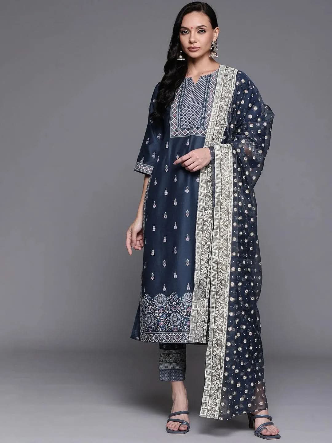 Blue Printed Silk Blend Suit Set - Libas