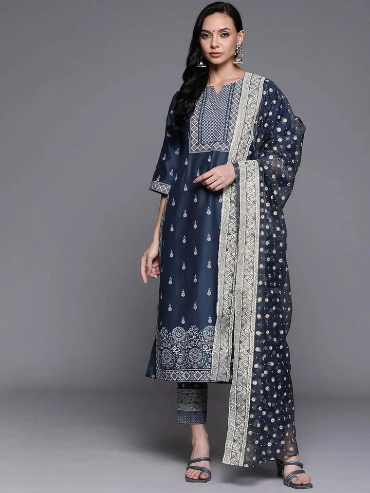 Blue Printed Silk Blend Suit Set - Libas