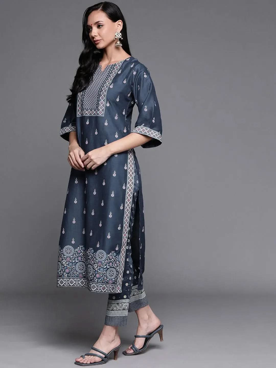 Blue Printed Silk Blend Suit Set - Libas