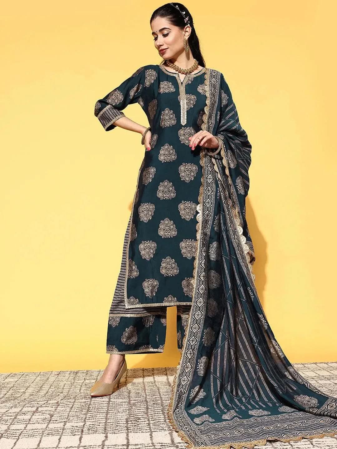 Blue Printed Silk Blend Straight Suit Set - Libas