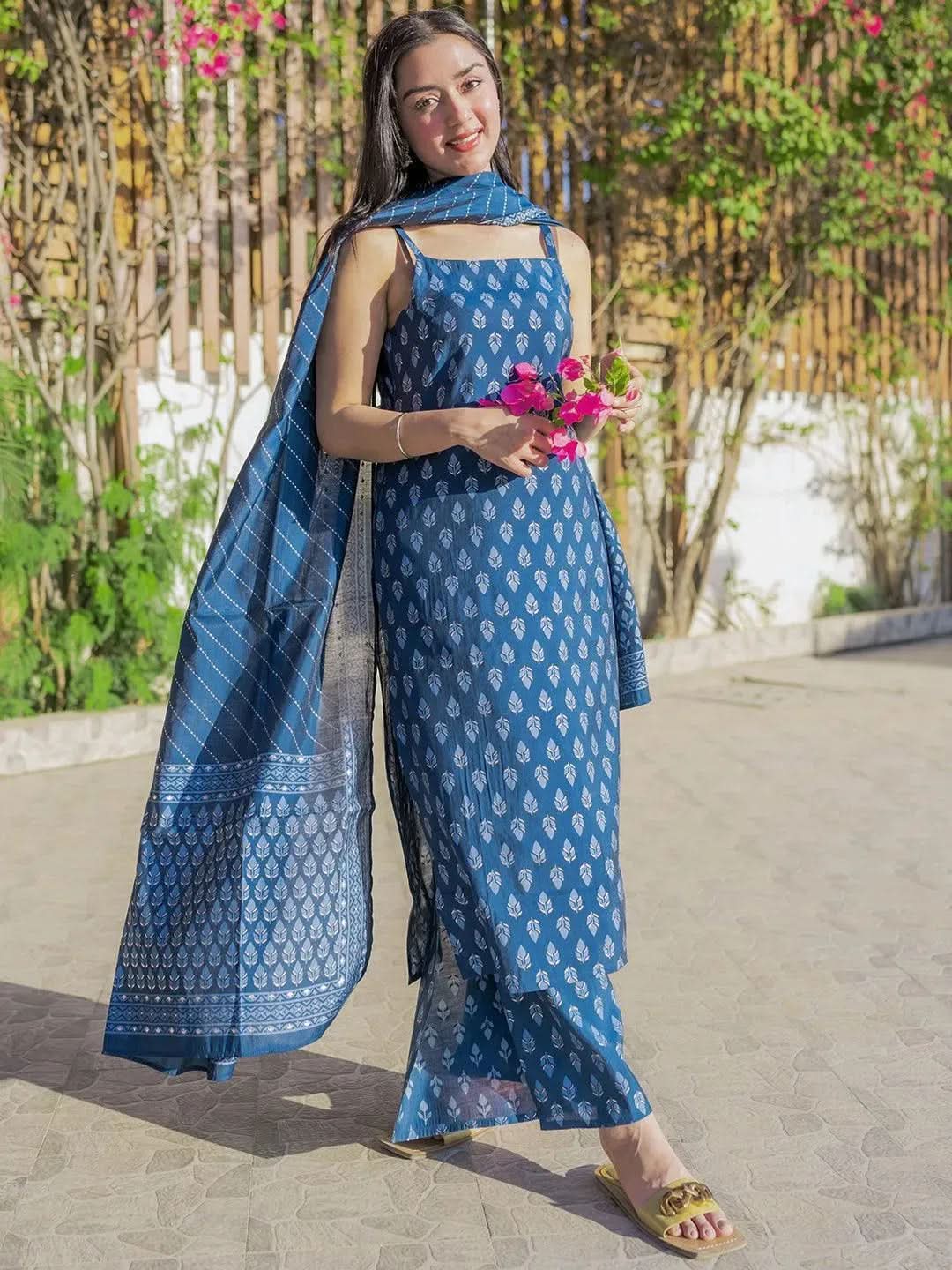 Blue Printed Silk Blend Straight Kurta With Palazzos Dupatta