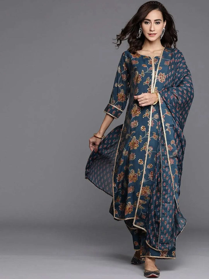Blue Printed Silk Blend Suit Set - Libas