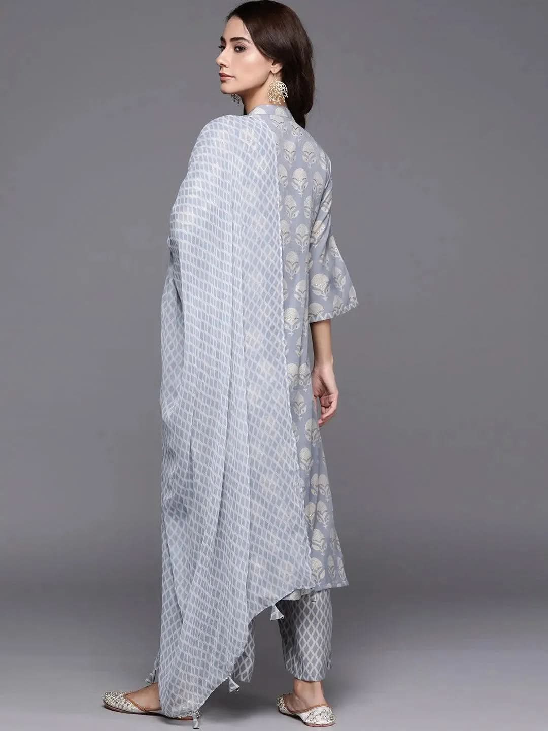 Blue Printed Silk Blend Suit Set - Libas