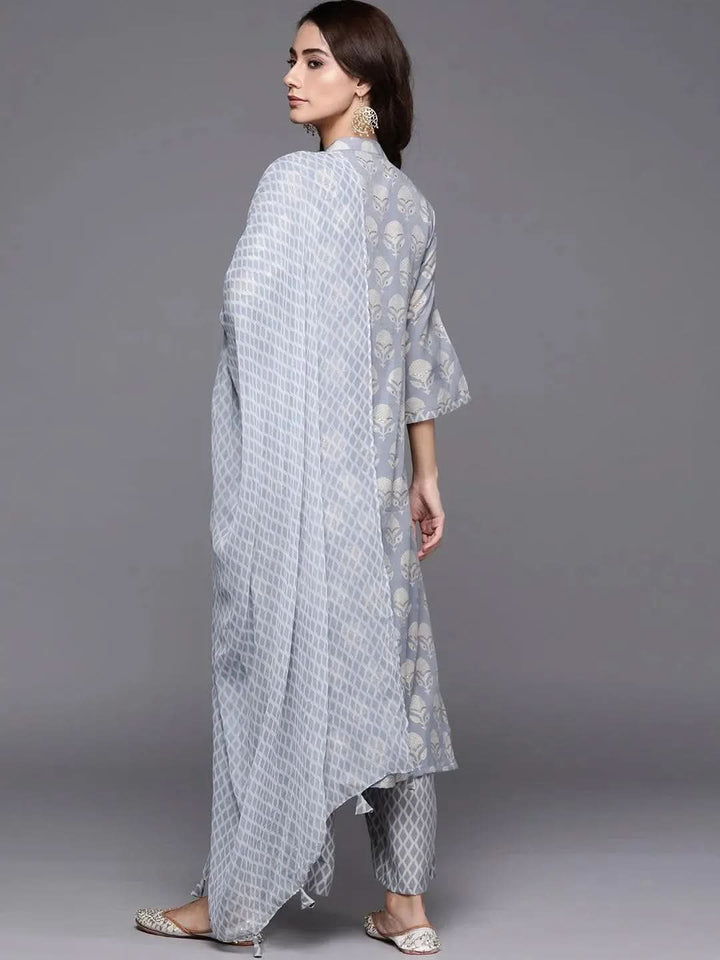 Blue Printed Silk Blend Suit Set - Libas