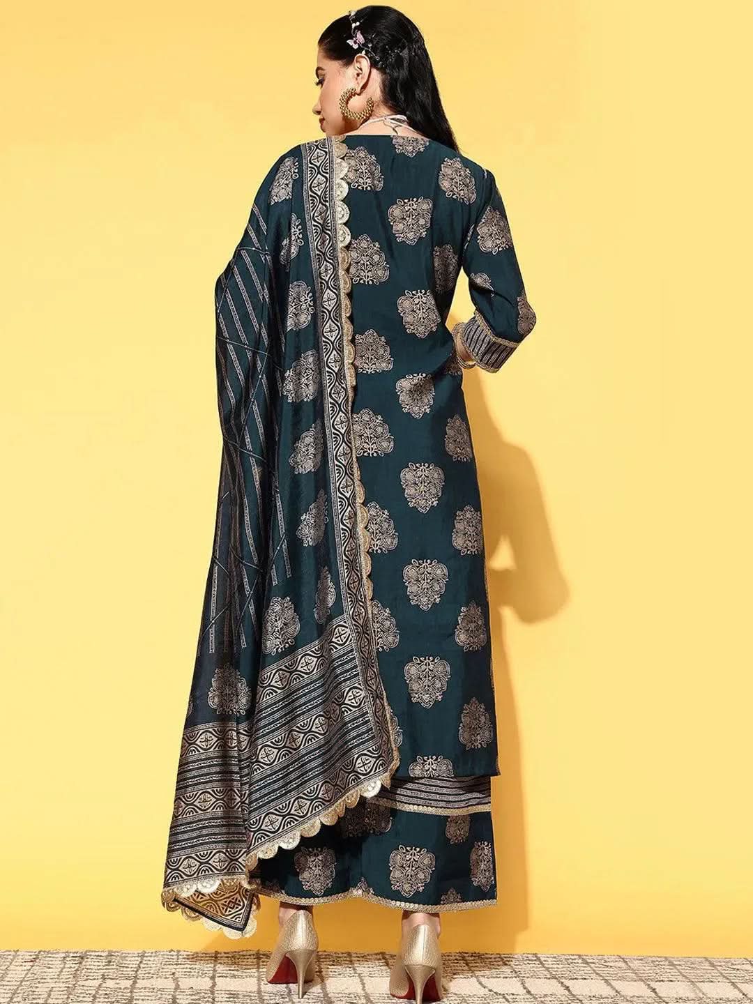 Blue Printed Silk Blend Straight Suit Set - Libas