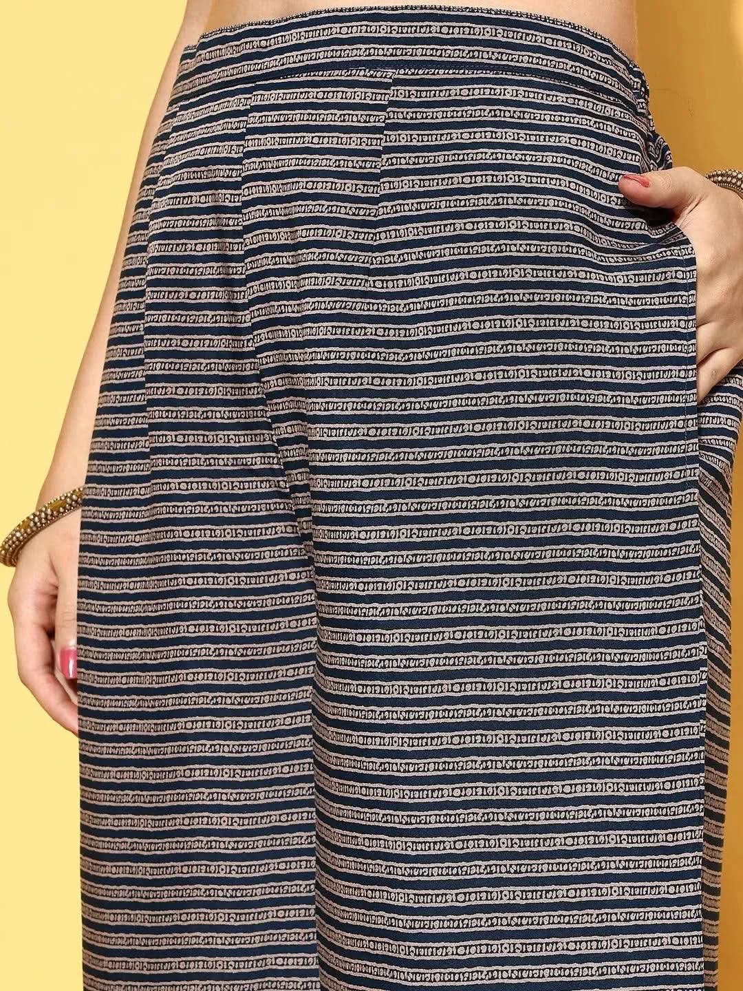 Blue Printed Silk Blend Straight Suit Set - Libas