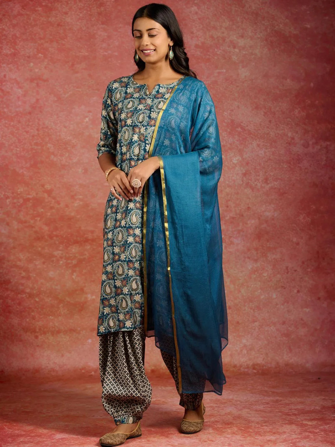 Blue Printed Silk Blend Straight Kurta With Salwar & Dupatta - Libas