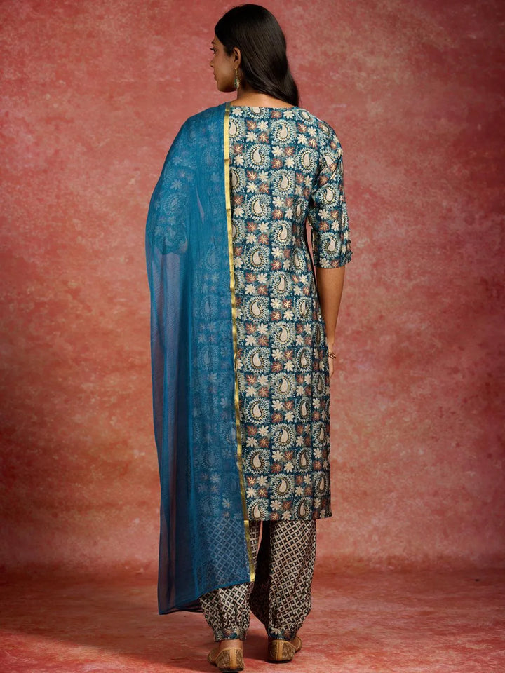 Blue Printed Silk Blend Straight Kurta With Salwar & Dupatta - Libas