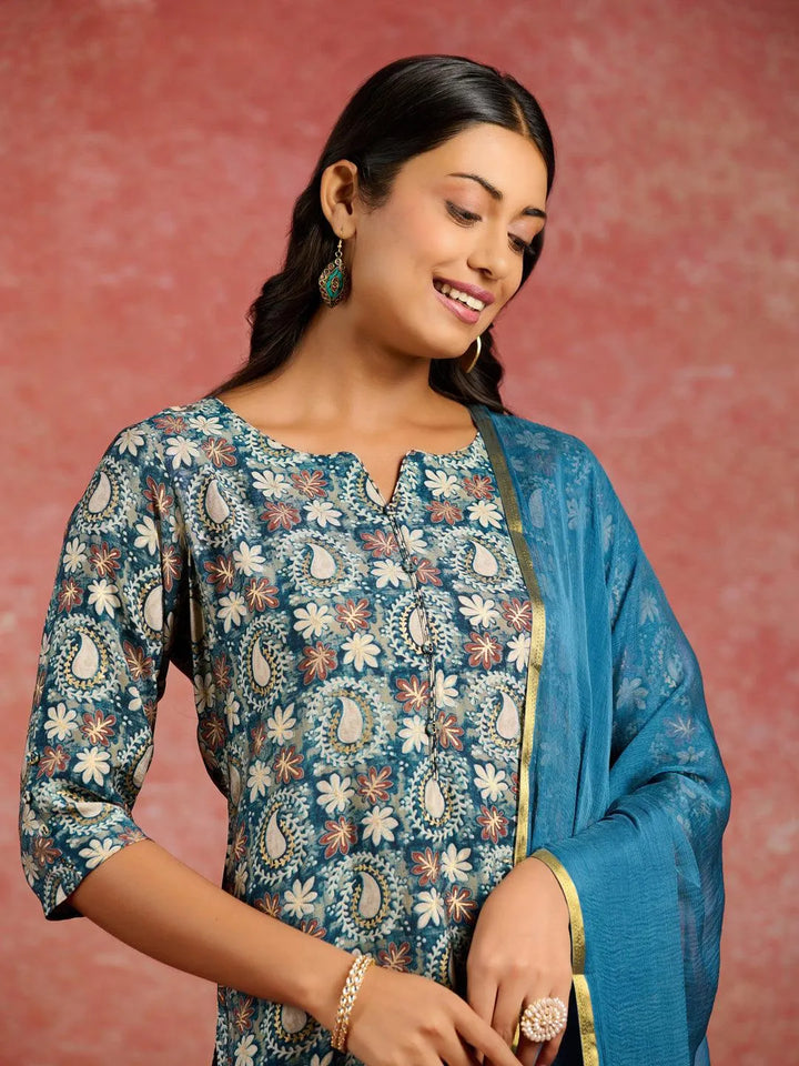 Blue Printed Silk Blend Straight Kurta With Salwar & Dupatta - Libas