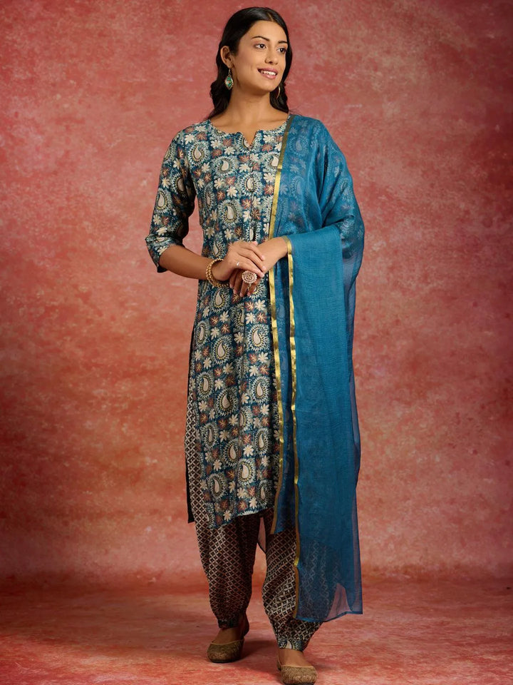 Blue Printed Silk Blend Straight Kurta With Salwar & Dupatta - Libas
