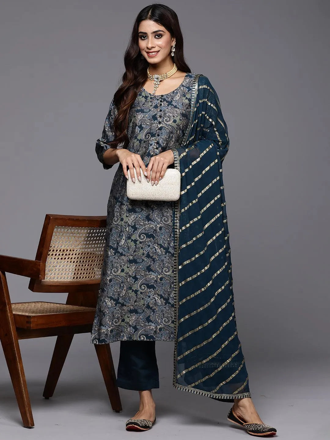 Blue Printed Silk Blend Straight Kurta With Trousers & Dupatta Online at Rs.1154 | Libas